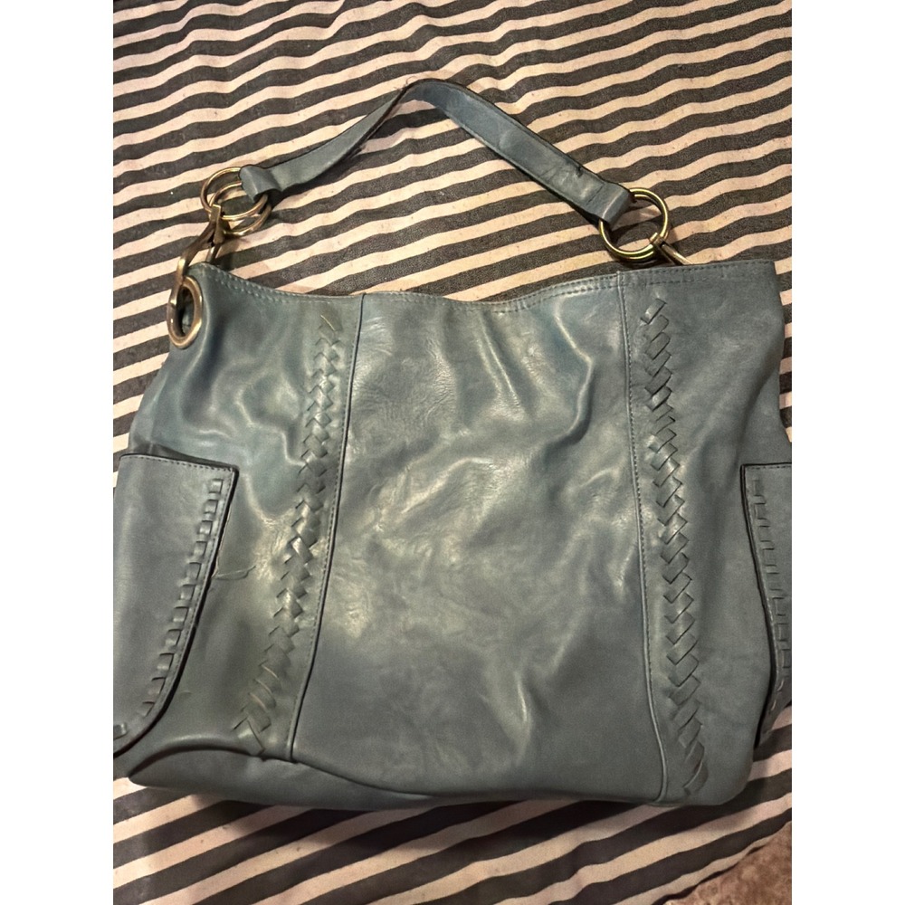 Slate Blue Faux Leather Braided Whipstitch Slouchy Hobo Shoulder Bag Gold Ring